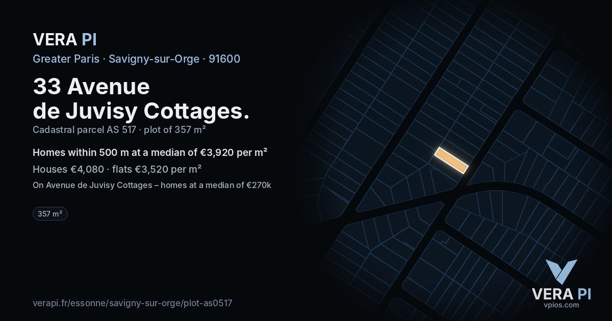 33 Avenue de Juvisy Cottages, Savigny-sur-Orge at night – the plot lit, the parcels around coloured by the prices near them