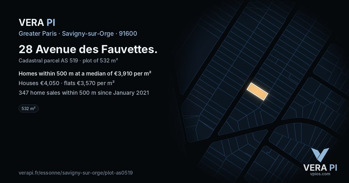28 Avenue des Fauvettes, Savigny-sur-Orge at night – the plot lit, the parcels around coloured by the prices near them