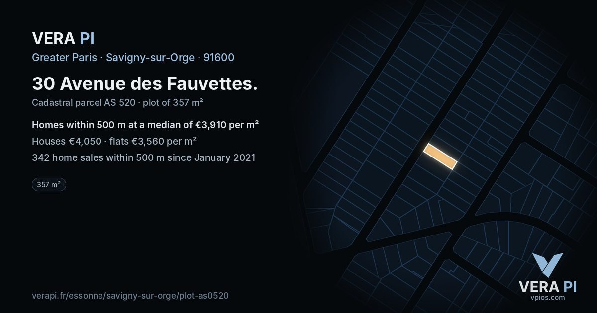 30 Avenue des Fauvettes, Savigny-sur-Orge at night – the plot lit, the parcels around coloured by the prices near them