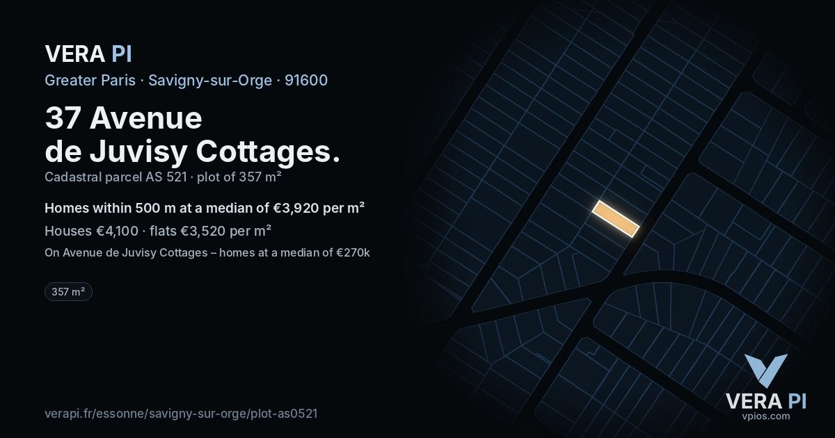 37 Avenue de Juvisy Cottages, Savigny-sur-Orge at night – the plot lit, the parcels around coloured by the prices near them