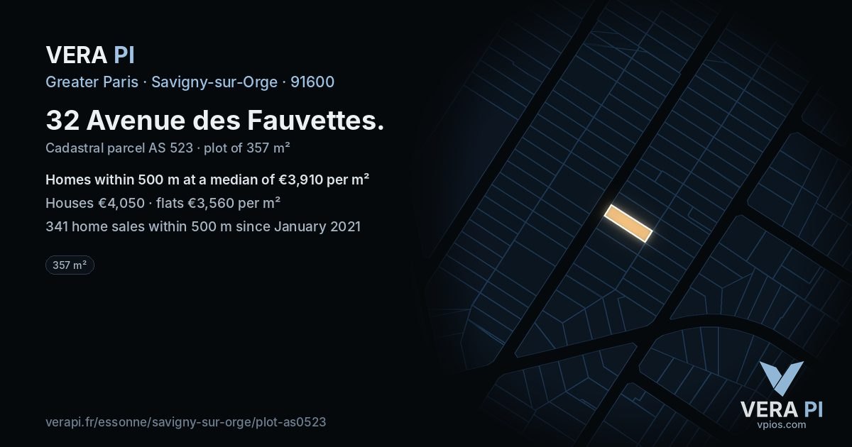 32 Avenue des Fauvettes, Savigny-sur-Orge at night – the plot lit, the parcels around coloured by the prices near them