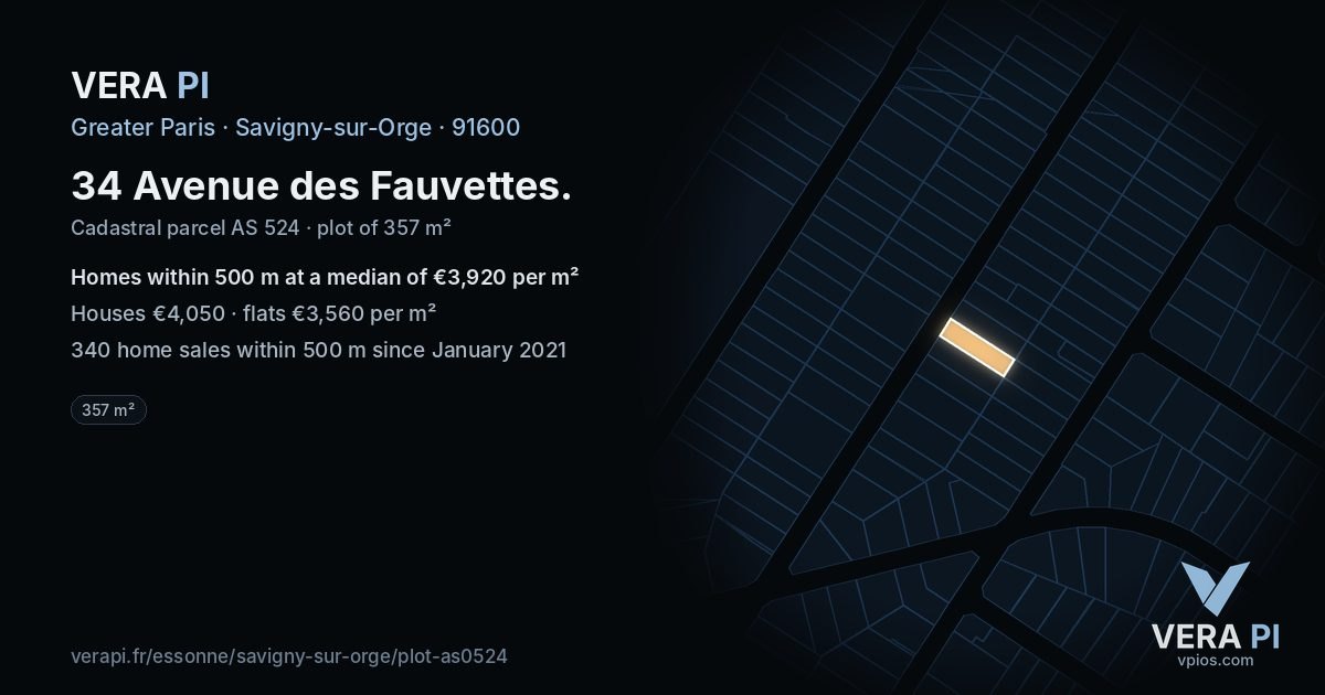 34 Avenue des Fauvettes, Savigny-sur-Orge at night – the plot lit, the parcels around coloured by the prices near them