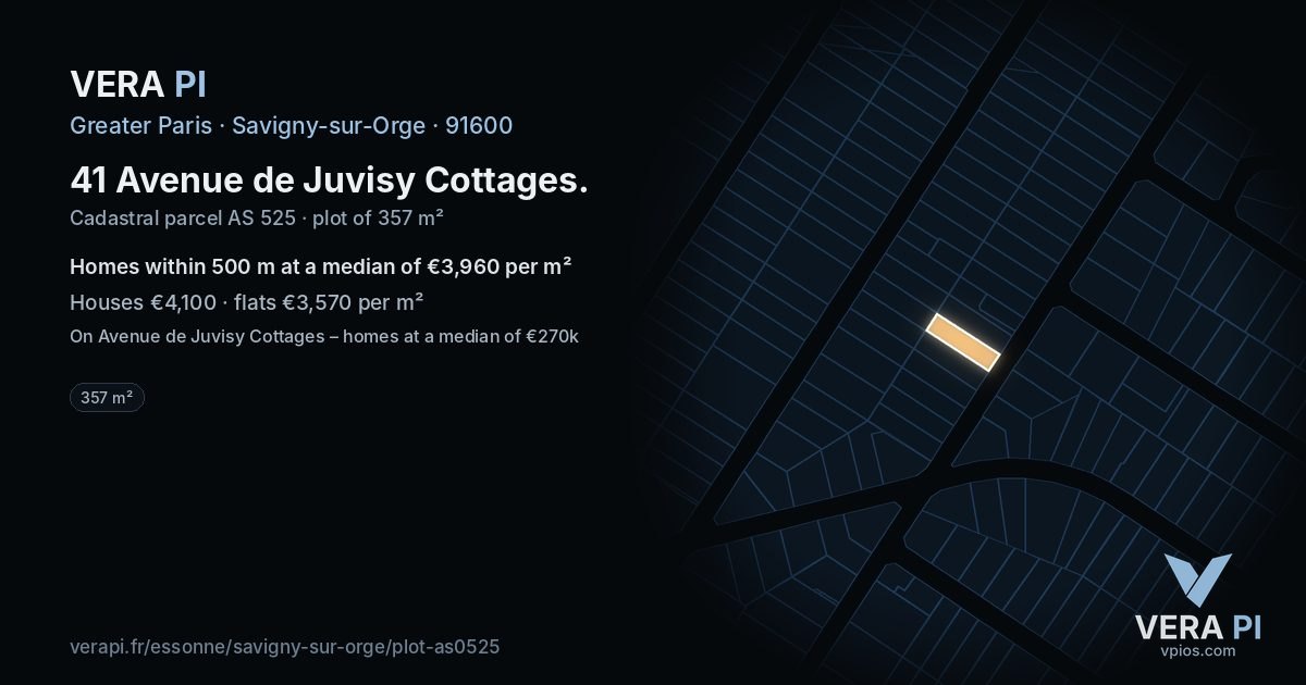 41 Avenue de Juvisy Cottages, Savigny-sur-Orge at night – the plot lit, the parcels around coloured by the prices near them