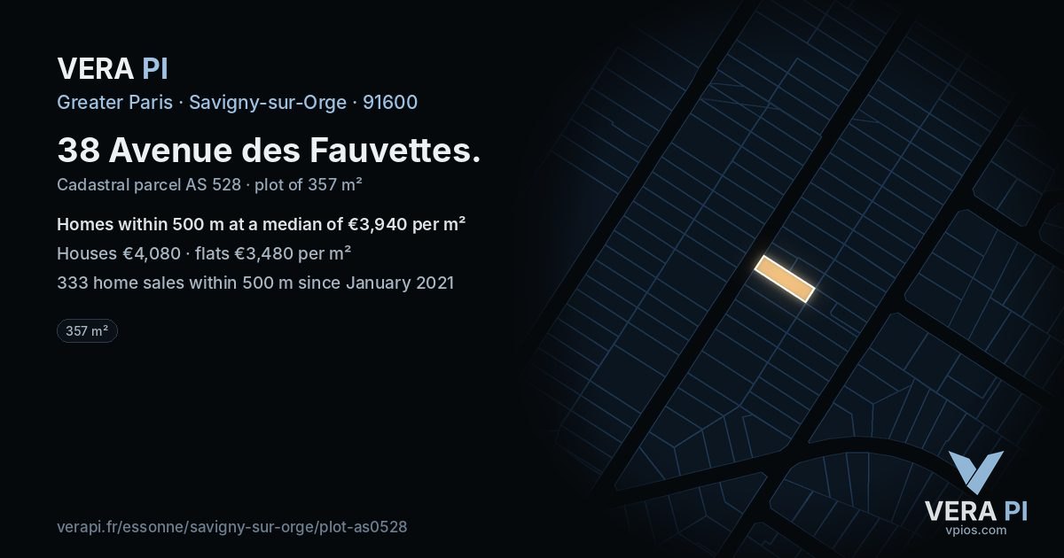 38 Avenue des Fauvettes, Savigny-sur-Orge at night – the plot lit, the parcels around coloured by the prices near them