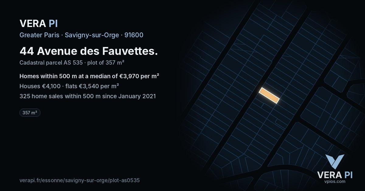 44 Avenue des Fauvettes, Savigny-sur-Orge at night – the plot lit, the parcels around coloured by the prices near them