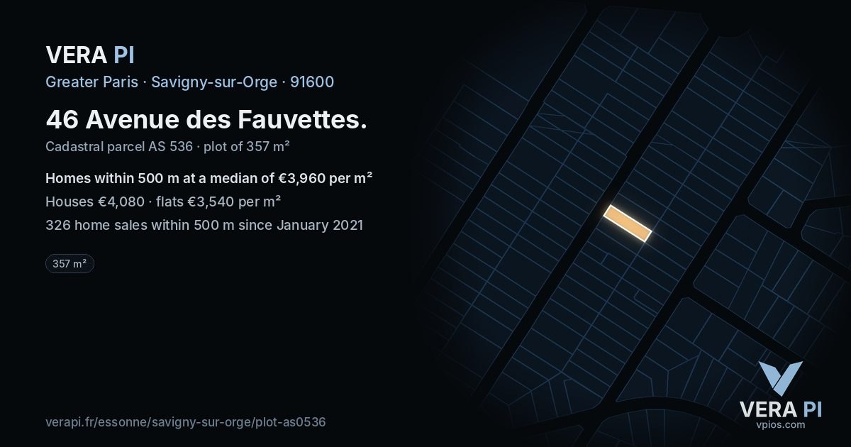 46 Avenue des Fauvettes, Savigny-sur-Orge at night – the plot lit, the parcels around coloured by the prices near them