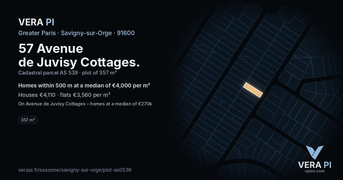 57 Avenue de Juvisy Cottages, Savigny-sur-Orge at night – the plot lit, the parcels around coloured by the prices near them