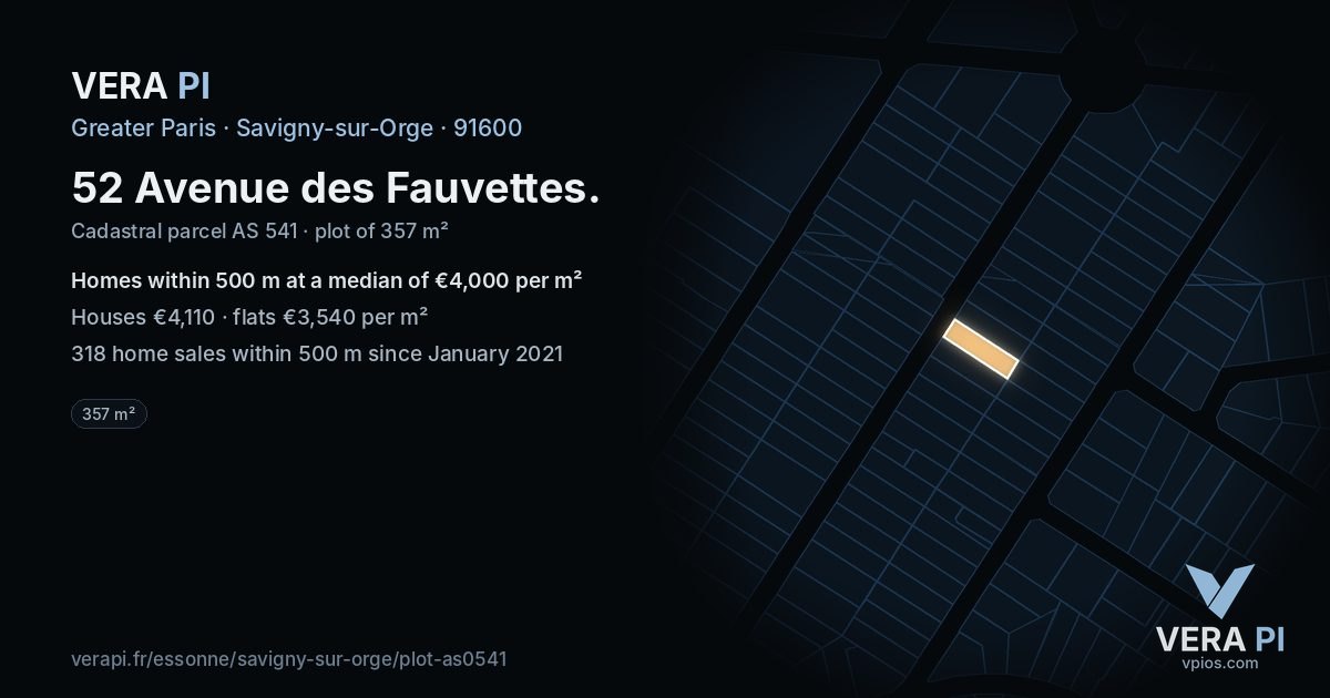 52 Avenue des Fauvettes, Savigny-sur-Orge at night – the plot lit, the parcels around coloured by the prices near them