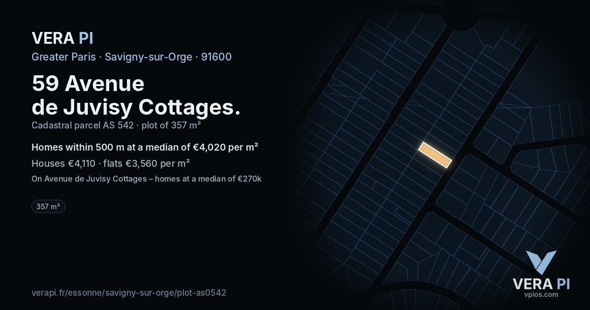 59 Avenue de Juvisy Cottages, Savigny-sur-Orge at night – the plot lit, the parcels around coloured by the prices near them