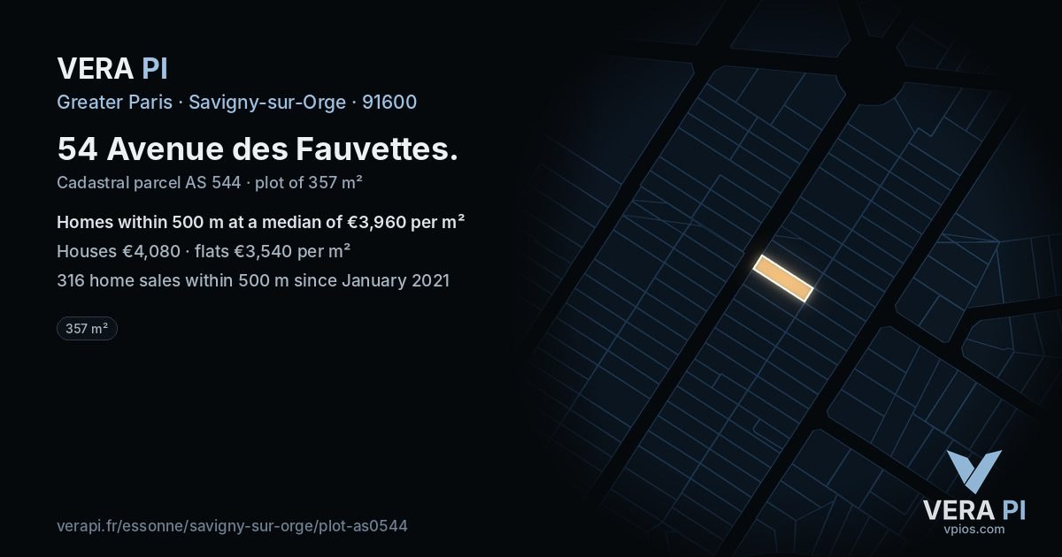 54 Avenue des Fauvettes, Savigny-sur-Orge at night – the plot lit, the parcels around coloured by the prices near them