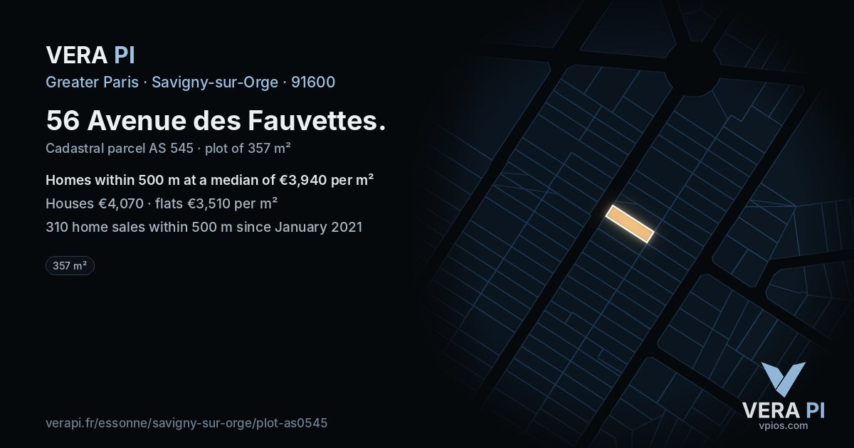 56 Avenue des Fauvettes, Savigny-sur-Orge at night – the plot lit, the parcels around coloured by the prices near them