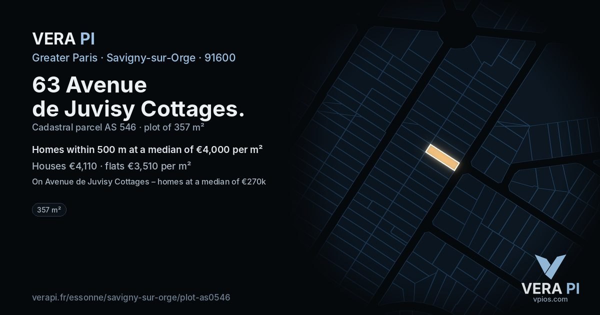 63 Avenue de Juvisy Cottages, Savigny-sur-Orge at night – the plot lit, the parcels around coloured by the prices near them