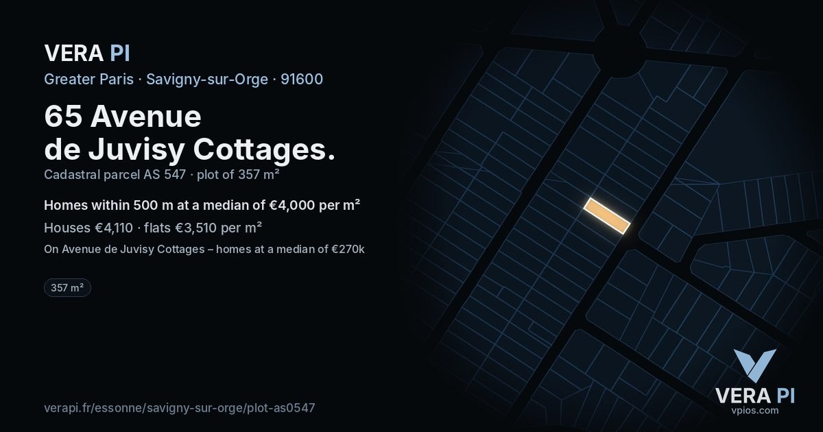 65 Avenue de Juvisy Cottages, Savigny-sur-Orge at night – the plot lit, the parcels around coloured by the prices near them