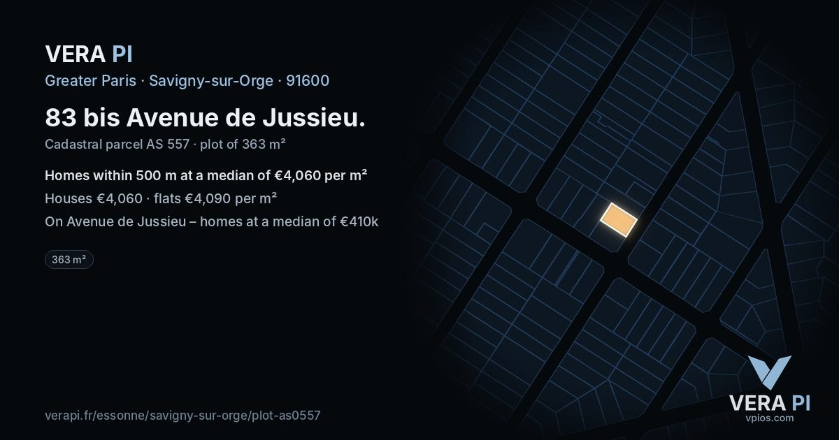 83 bis Avenue de Jussieu, Savigny-sur-Orge at night – the plot lit, the parcels around coloured by the prices near them