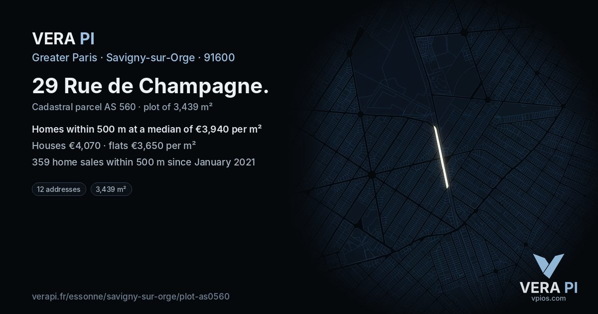 29 Rue de Champagne, Savigny-sur-Orge at night – the plot lit, the parcels around coloured by the prices near them