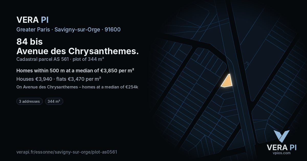 84 bis Avenue des Chrysanthemes, Savigny-sur-Orge at night – the plot lit, the parcels around coloured by the prices near them