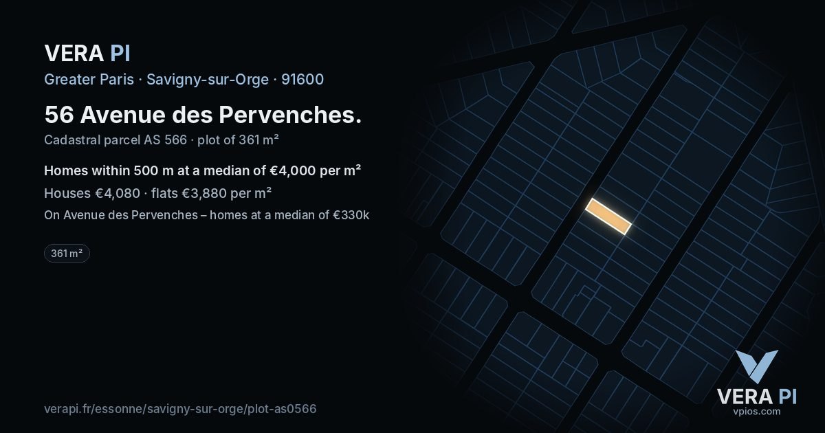 56 Avenue des Pervenches, Savigny-sur-Orge at night – the plot lit, the parcels around coloured by the prices near them
