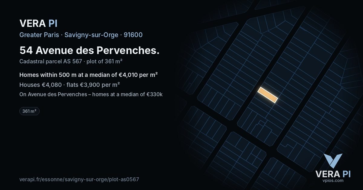 54 Avenue des Pervenches, Savigny-sur-Orge at night – the plot lit, the parcels around coloured by the prices near them