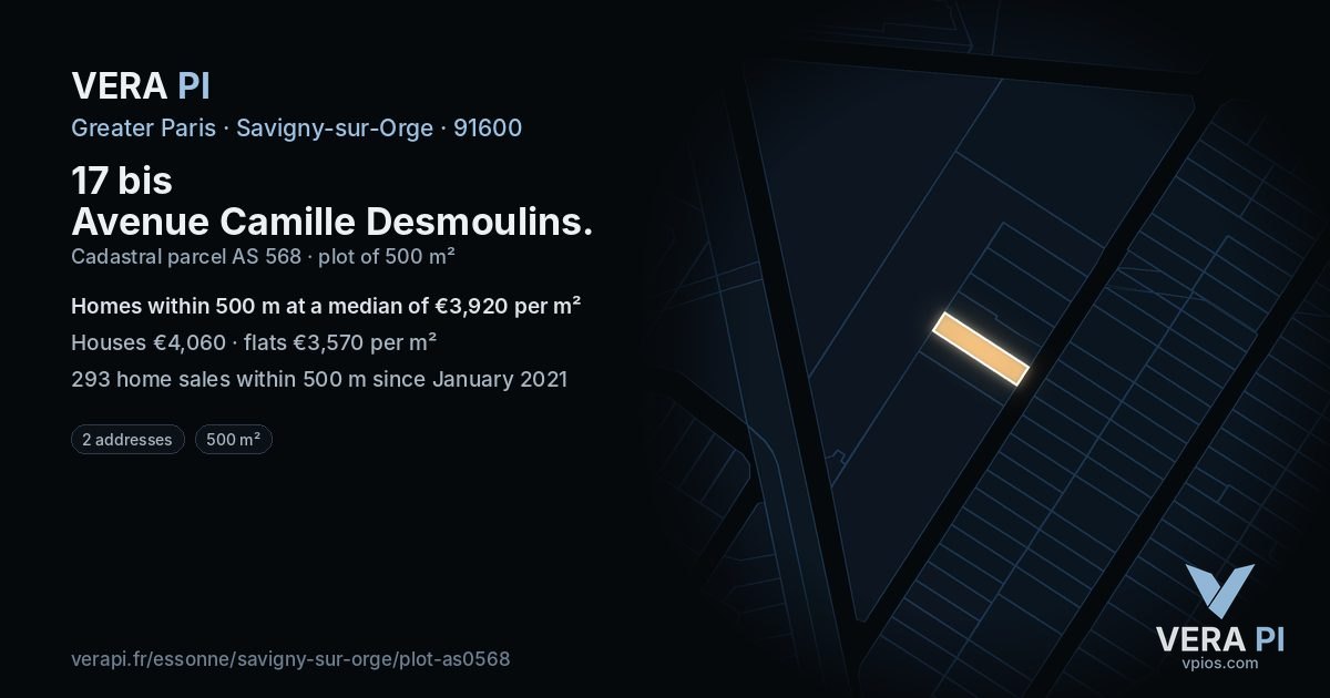 17 bis Avenue Camille Desmoulins, Savigny-sur-Orge at night – the plot lit, the parcels around coloured by the prices near them