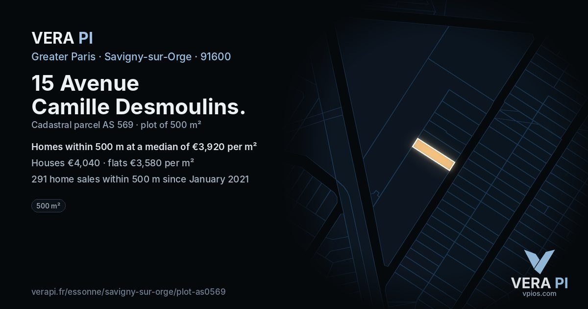 15 Avenue Camille Desmoulins, Savigny-sur-Orge at night – the plot lit, the parcels around coloured by the prices near them