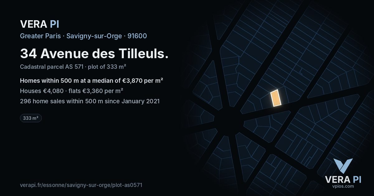 34 Avenue des Tilleuls, Savigny-sur-Orge at night – the plot lit, the parcels around coloured by the prices near them