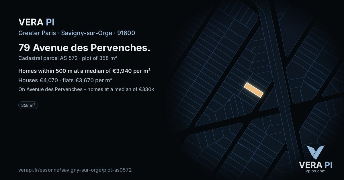 79 Avenue des Pervenches, Savigny-sur-Orge at night – the plot lit, the parcels around coloured by the prices near them
