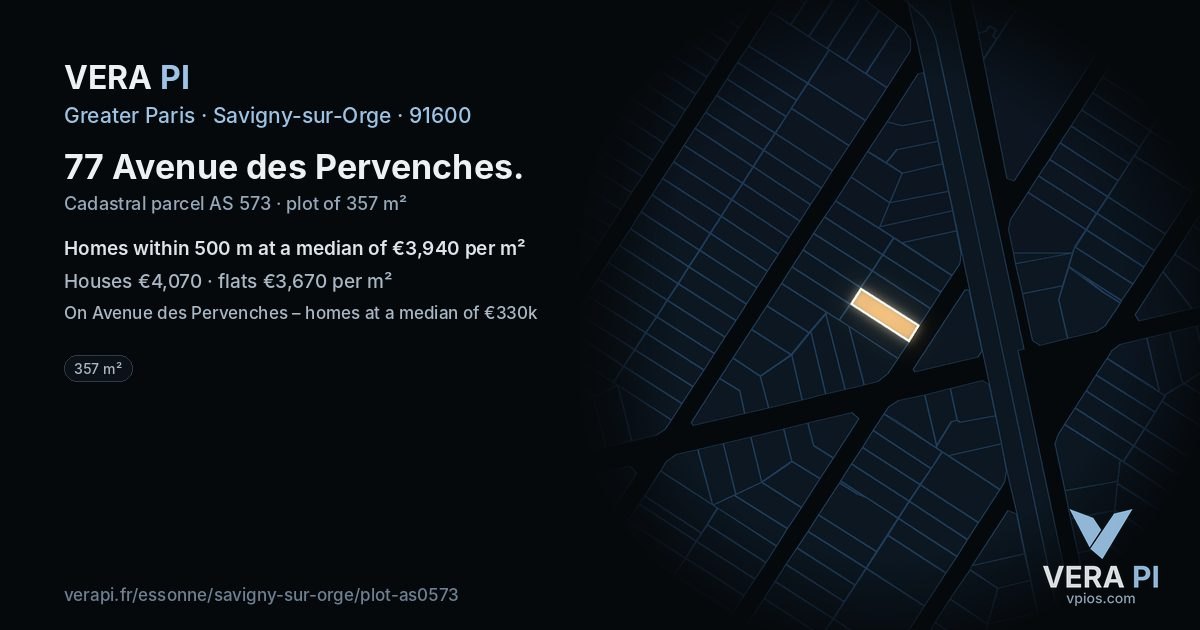 77 Avenue des Pervenches, Savigny-sur-Orge at night – the plot lit, the parcels around coloured by the prices near them