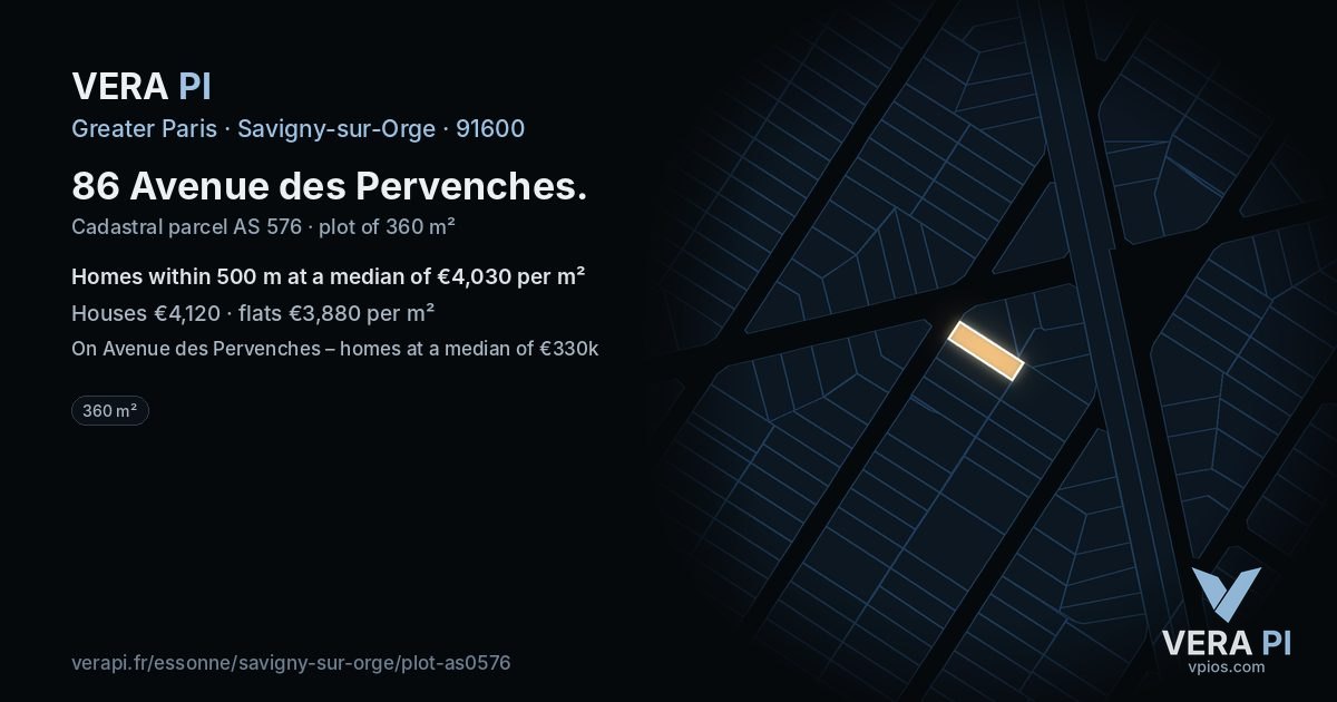 86 Avenue des Pervenches, Savigny-sur-Orge at night – the plot lit, the parcels around coloured by the prices near them