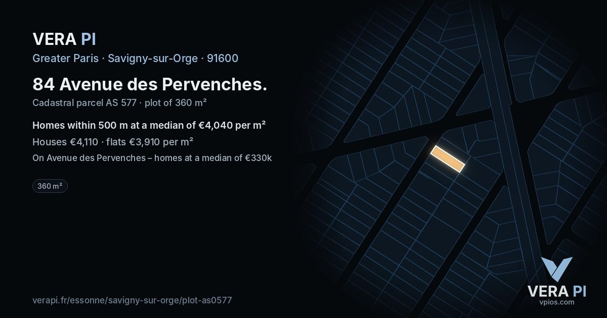84 Avenue des Pervenches, Savigny-sur-Orge at night – the plot lit, the parcels around coloured by the prices near them