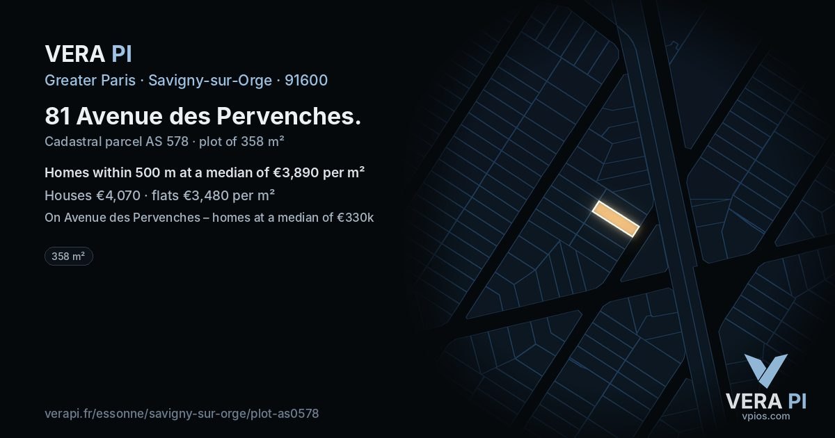 81 Avenue des Pervenches, Savigny-sur-Orge at night – the plot lit, the parcels around coloured by the prices near them