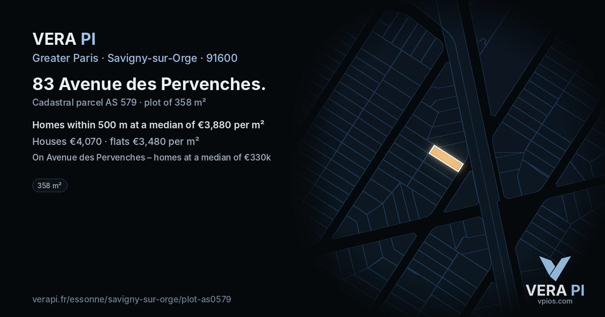 83 Avenue des Pervenches, Savigny-sur-Orge at night – the plot lit, the parcels around coloured by the prices near them
