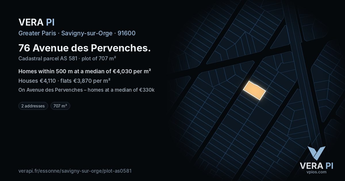 76 Avenue des Pervenches, Savigny-sur-Orge at night – the plot lit, the parcels around coloured by the prices near them