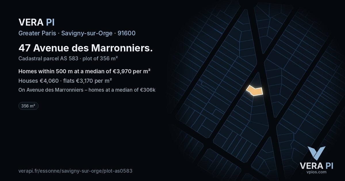 47 Avenue des Marronniers, Savigny-sur-Orge at night – the plot lit, the parcels around coloured by the prices near them