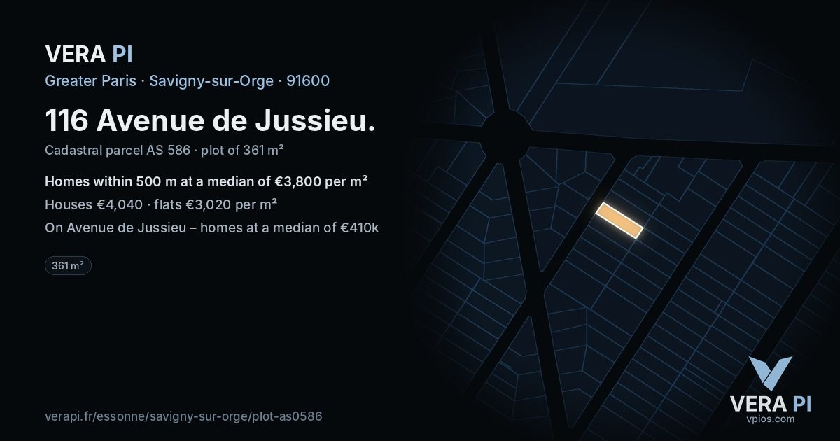 116 Avenue de Jussieu, Savigny-sur-Orge at night – the plot lit, the parcels around coloured by the prices near them