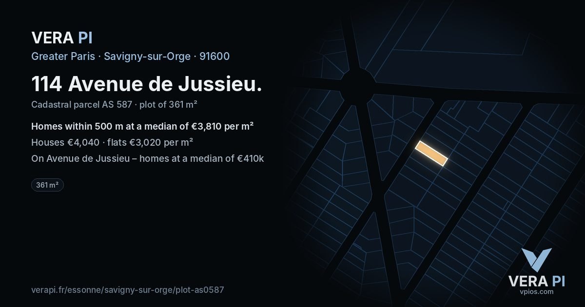 114 Avenue de Jussieu, Savigny-sur-Orge at night – the plot lit, the parcels around coloured by the prices near them