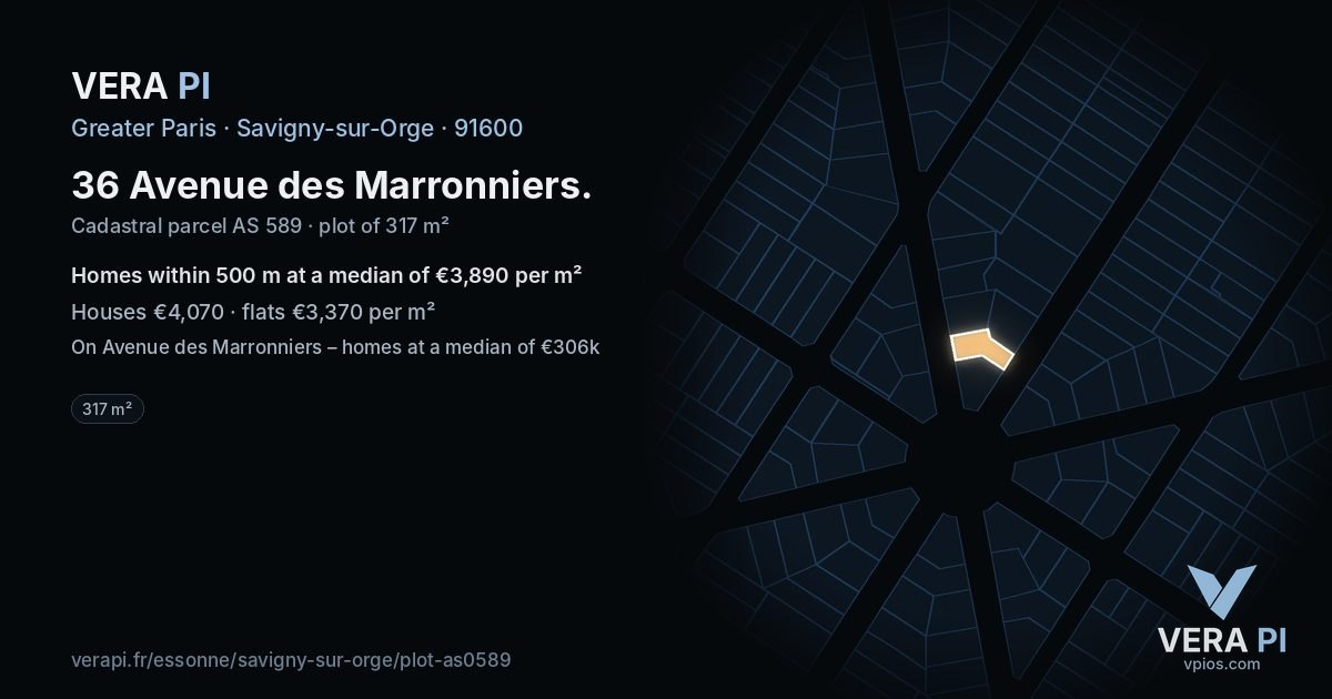 36 Avenue des Marronniers, Savigny-sur-Orge at night – the plot lit, the parcels around coloured by the prices near them