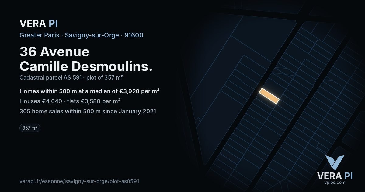 36 Avenue Camille Desmoulins, Savigny-sur-Orge at night – the plot lit, the parcels around coloured by the prices near them