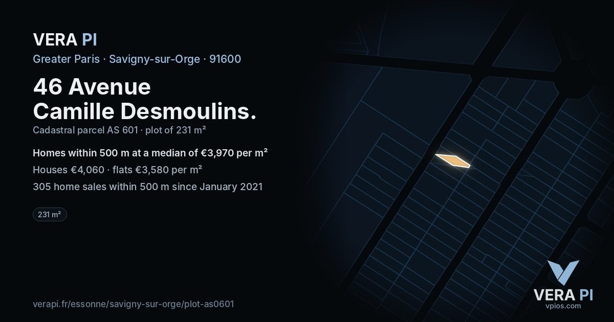46 Avenue Camille Desmoulins, Savigny-sur-Orge at night – the plot lit, the parcels around coloured by the prices near them