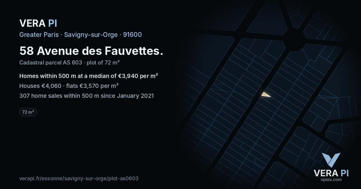 58 Avenue des Fauvettes, Savigny-sur-Orge at night – the plot lit, the parcels around coloured by the prices near them