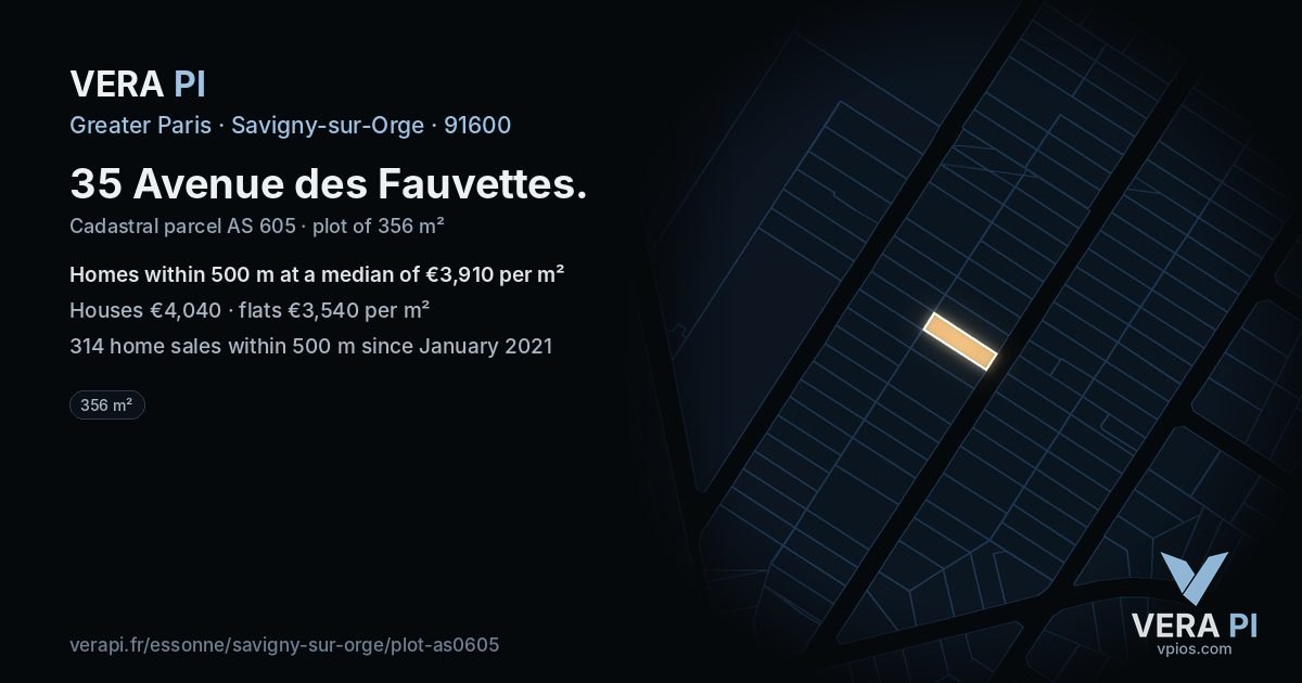 35 Avenue des Fauvettes, Savigny-sur-Orge at night – the plot lit, the parcels around coloured by the prices near them