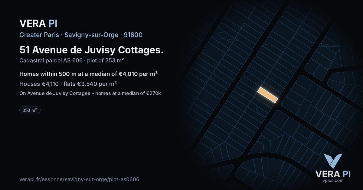 51 Avenue de Juvisy Cottages, Savigny-sur-Orge at night – the plot lit, the parcels around coloured by the prices near them