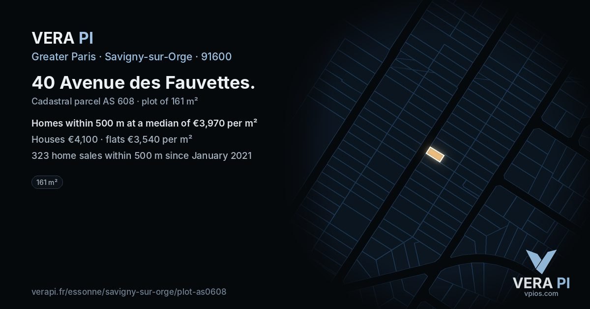 40 Avenue des Fauvettes, Savigny-sur-Orge at night – the plot lit, the parcels around coloured by the prices near them