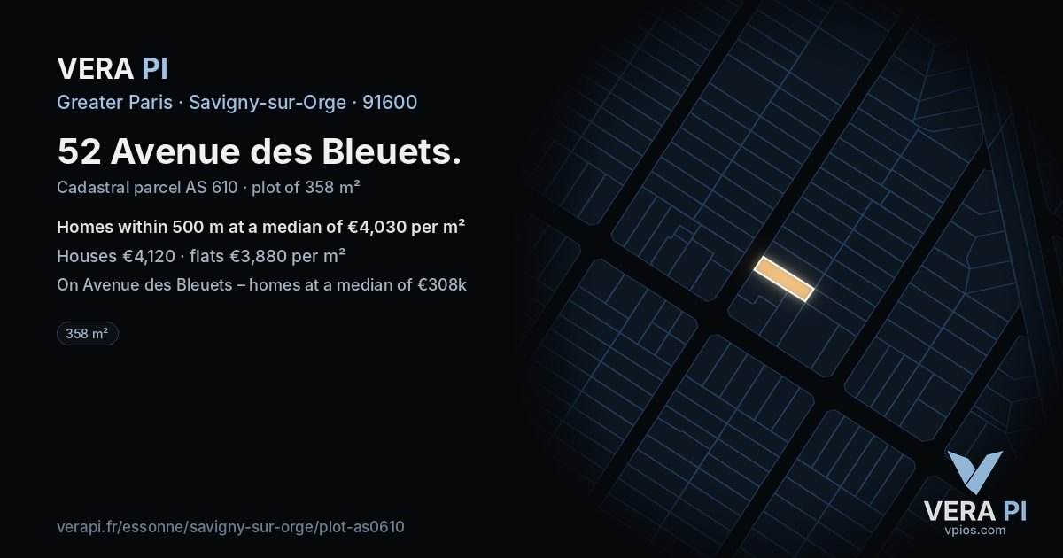 52 Avenue des Bleuets, Savigny-sur-Orge at night – the plot lit, the parcels around coloured by the prices near them