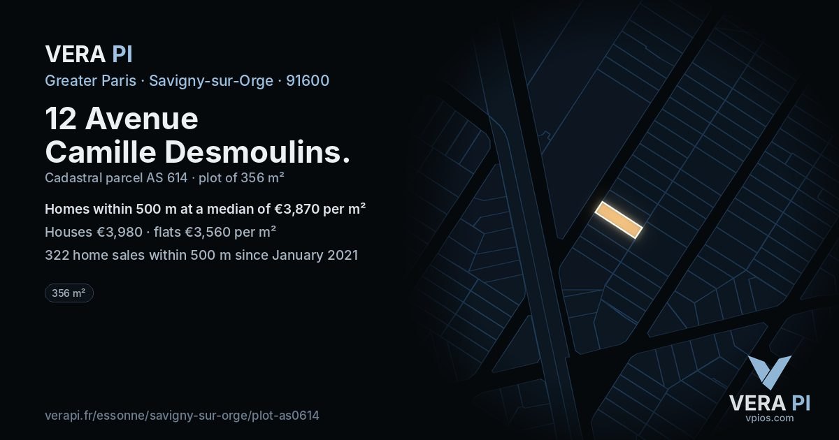 12 Avenue Camille Desmoulins, Savigny-sur-Orge at night – the plot lit, the parcels around coloured by the prices near them