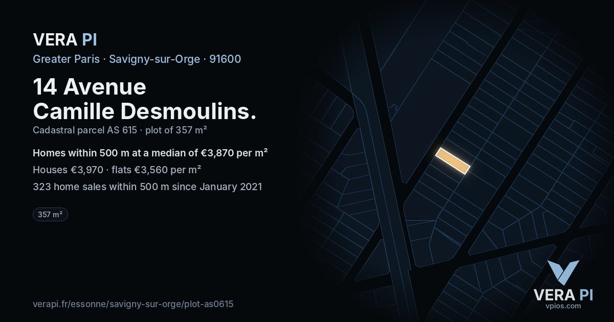 14 Avenue Camille Desmoulins, Savigny-sur-Orge at night – the plot lit, the parcels around coloured by the prices near them