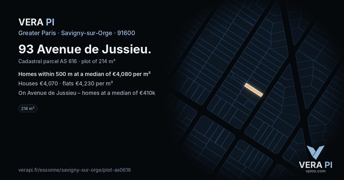 93 Avenue de Jussieu, Savigny-sur-Orge at night – the plot lit, the parcels around coloured by the prices near them