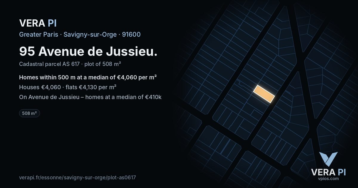 95 Avenue de Jussieu, Savigny-sur-Orge at night – the plot lit, the parcels around coloured by the prices near them