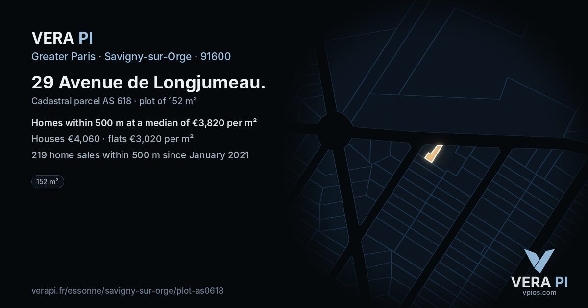 29 Avenue de Longjumeau, Savigny-sur-Orge at night – the plot lit, the parcels around coloured by the prices near them