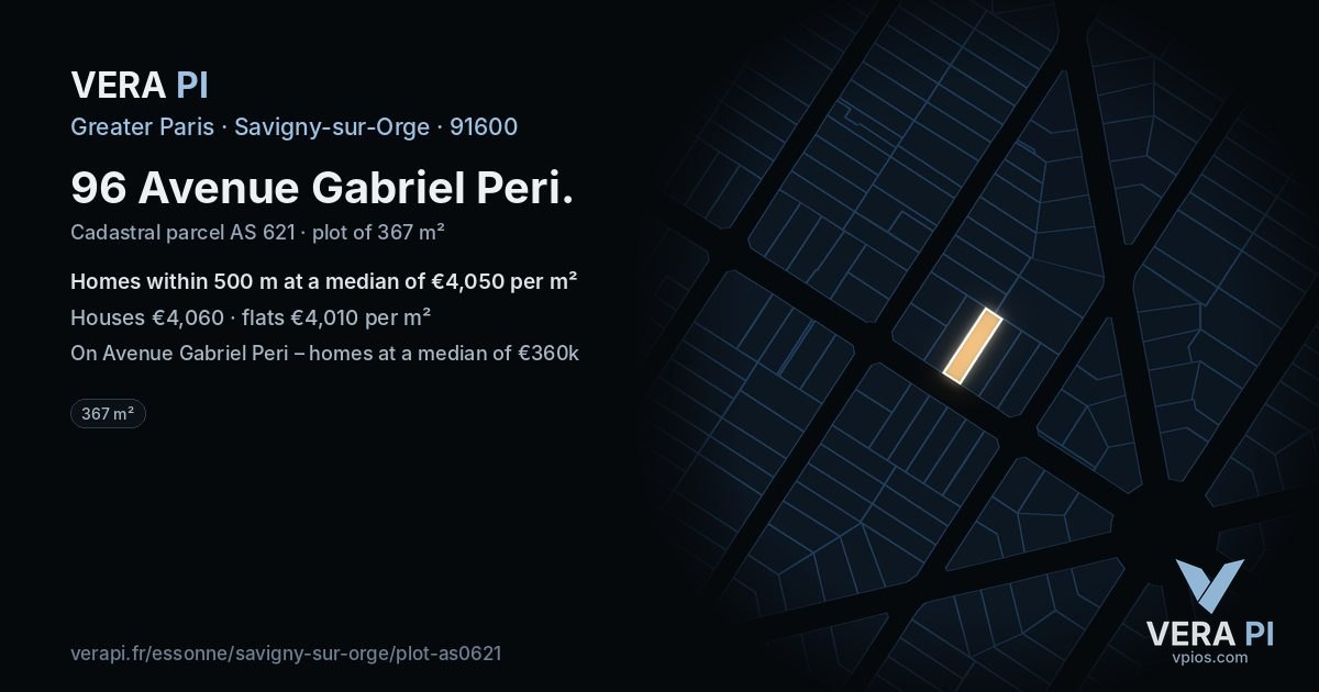 96 Avenue Gabriel Peri, Savigny-sur-Orge at night – the plot lit, the parcels around coloured by the prices near them