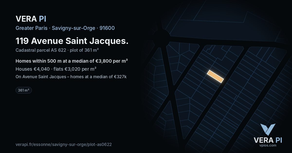 119 Avenue Saint Jacques, Savigny-sur-Orge at night – the plot lit, the parcels around coloured by the prices near them